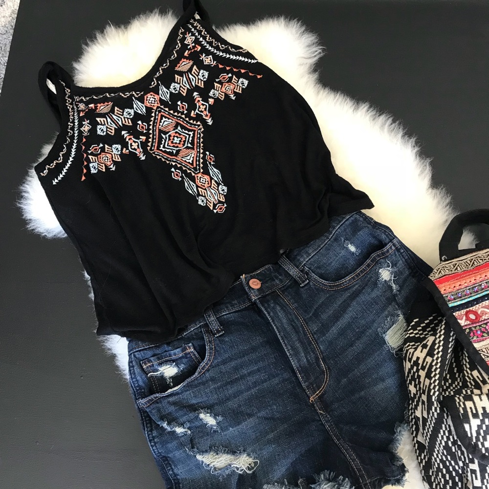 Black Embroidered Boho Full Tilt Tank